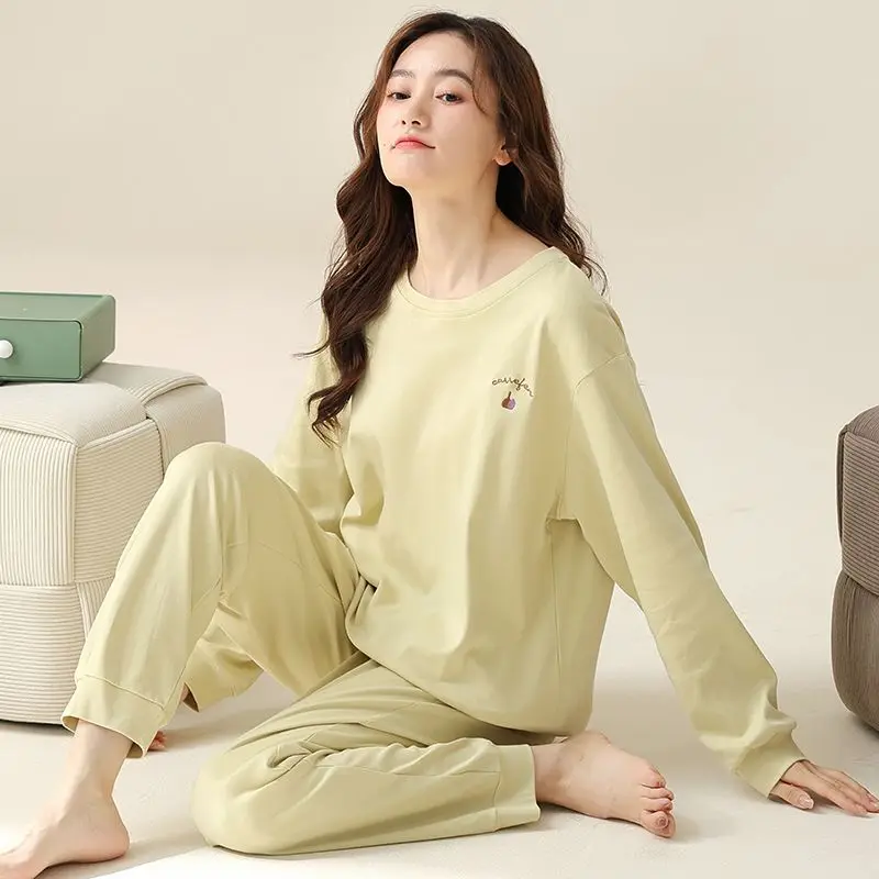 New Style Pure Cotton Senior High School Student Long Sleeve Simple Loungewear Comfort Spring and Autumn Women's Pajamas Female