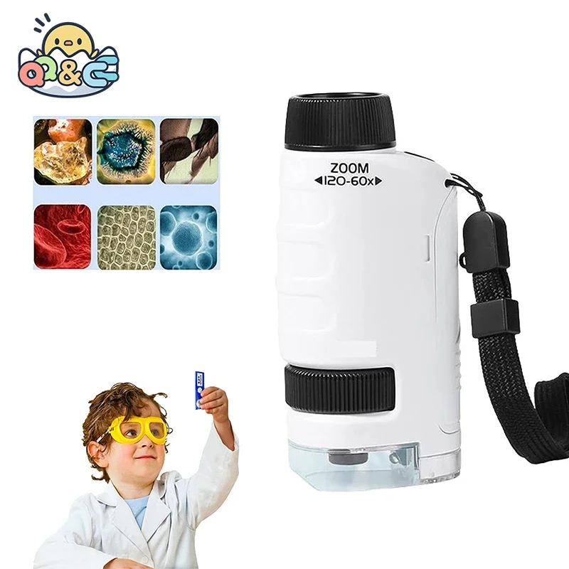 

Science Learning Kit Kid's Pocket Microscope 60-120x Magnification Mini Handheld with Light Stem Education Gift