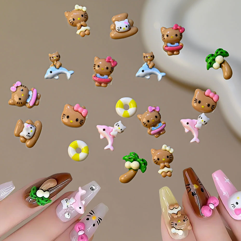 50pcs Mini Black Skin Kitty Cat Nail Accessories Summer Cartoon Nail Charms 3D Bow Hello Kitty Coconut Tree Dolphin Nails Decora