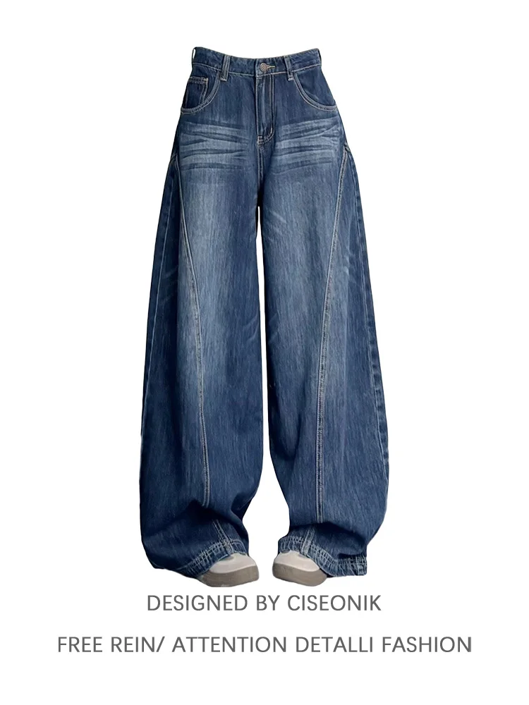 

Stylish Blue American High Street Curved Knife Wide Leg Jeans Women's Loose Slimming Floor-Length Trousers Autumn Wear