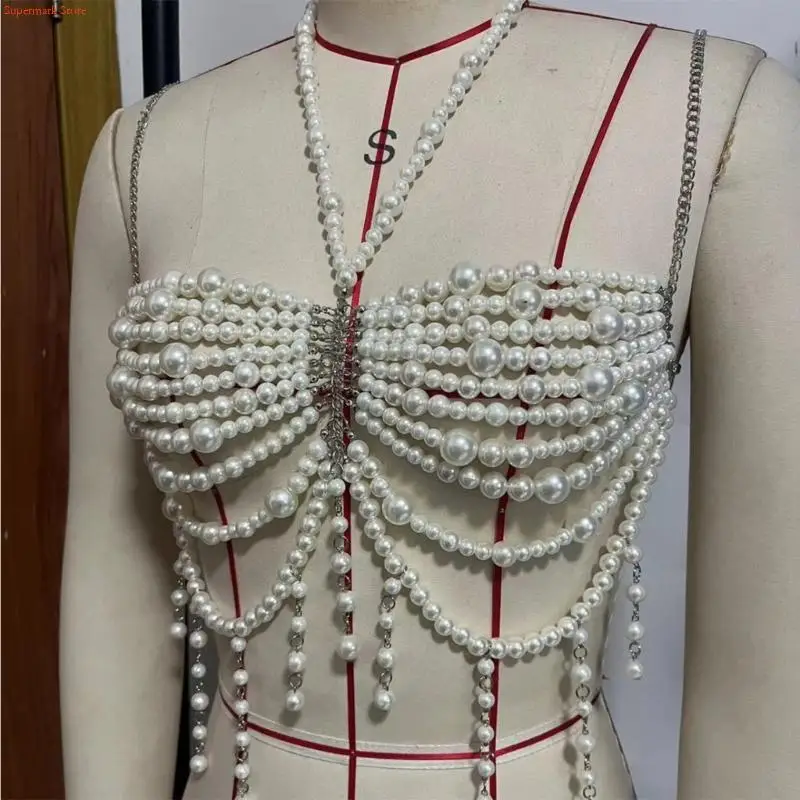 

Q5WE Bohemian Body Chains Bra Pearls Bikinis Chest Chains Necklace Raves Nightclub Body Accessories Jewelry Gifts for Women