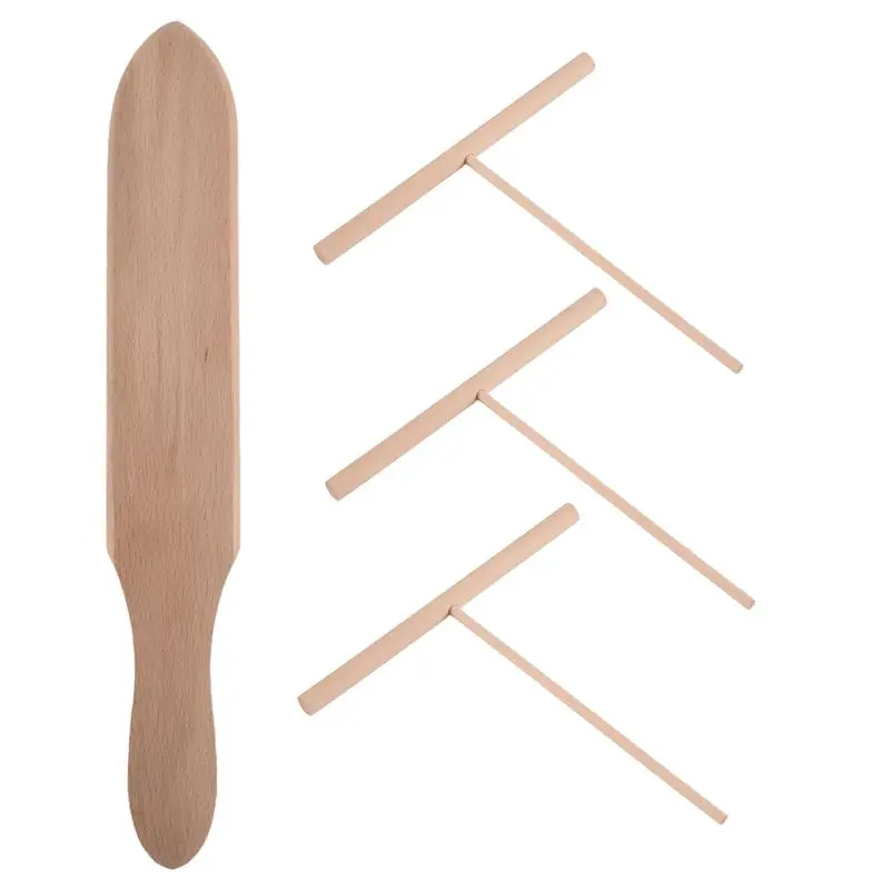 AEE8-Spatula Set Wooden T Sticks For Spreading Pancake Batter, Set Of 4 Utensils For Uniform Crepe Maker Kitchen Tool