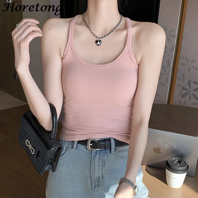 Horetong 2024 Casual Women Halter Crop Tops Summer Sleeveless Camis Sexy Knitted Strap Tank Top Slim Solid Short Female Camis