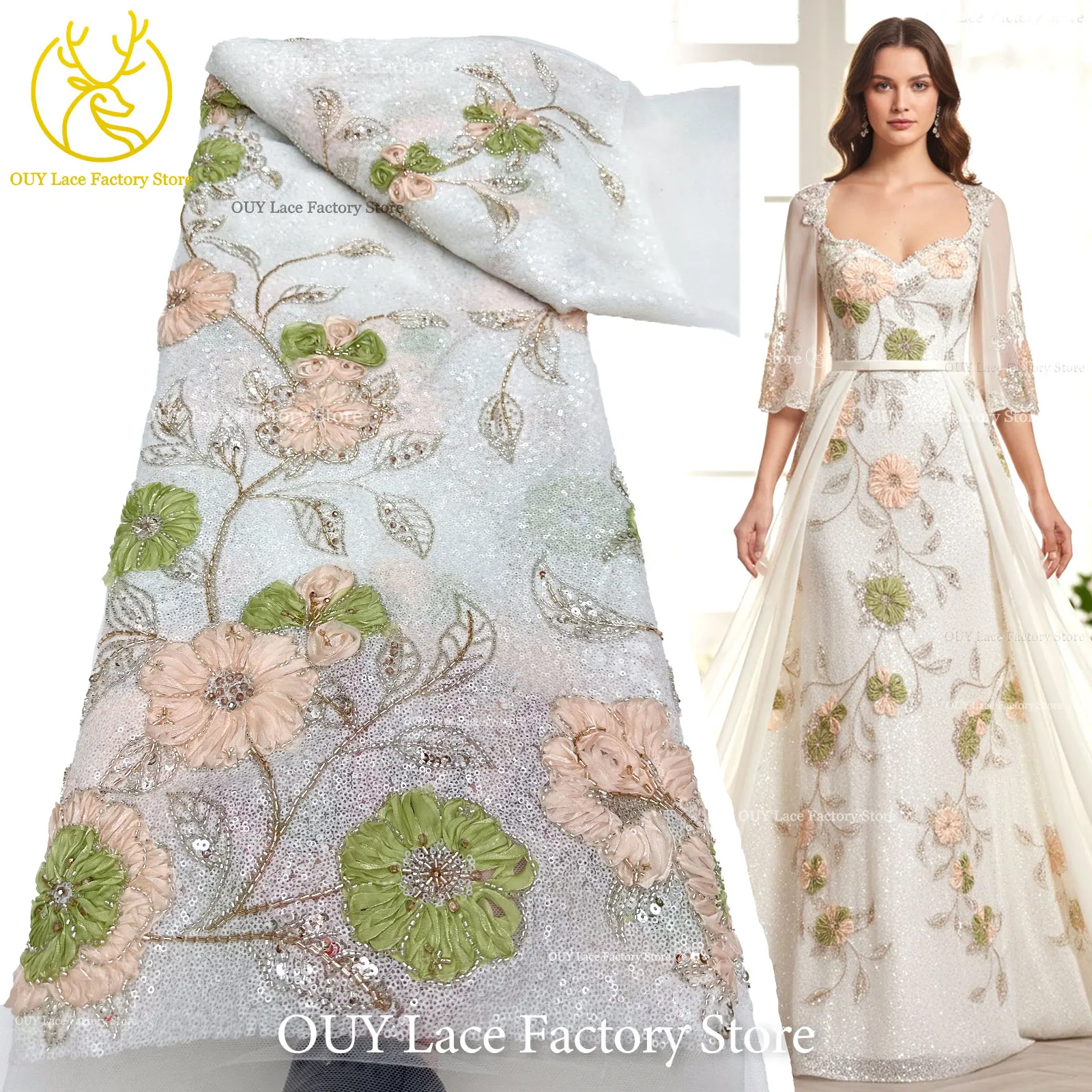 Elegant 3D Flower Embroidery Beaded Sheer Tulle Mesh Lace Fabric, African Shiny Sequin Lace Material for Women Party Gowns