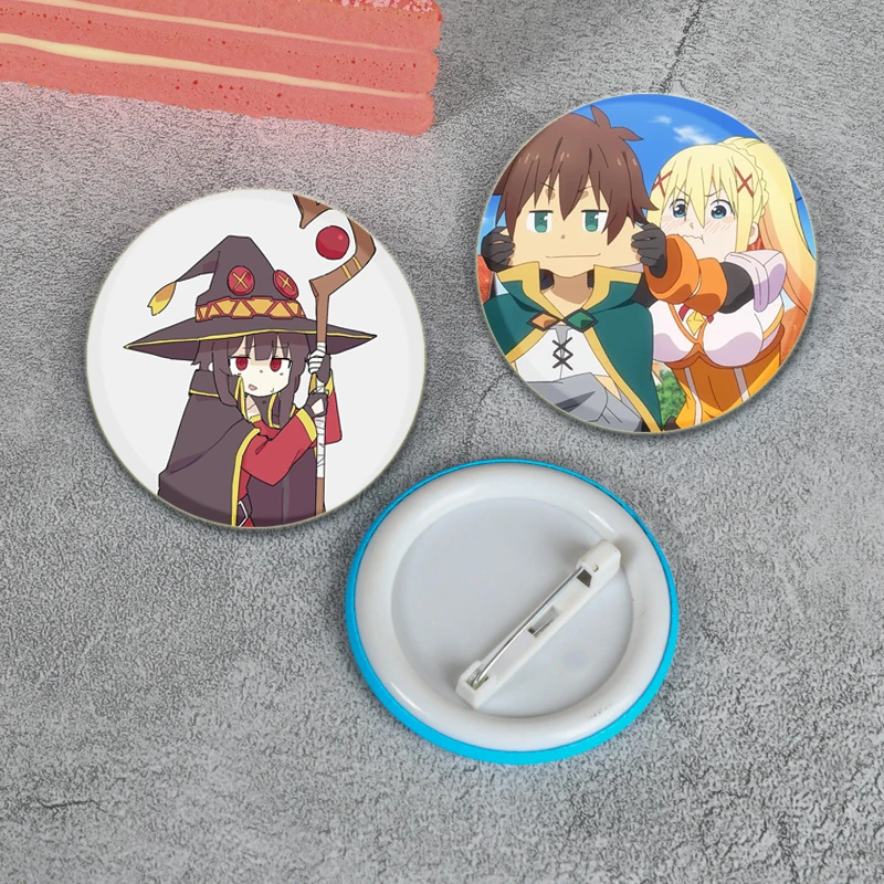 Konosuba Anime Character Round Pin Cartoon Badge Snap-in Button Pins Brooches for Clothes Decoration Jewelry Accessories Gifts