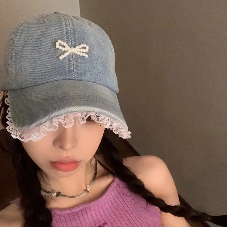 Women's Duck Tongue Hat for Korean Butterfly Edition Versatile Ins Wash Denim Sun Protection Bow Knot Daily Camp Baseball Cap