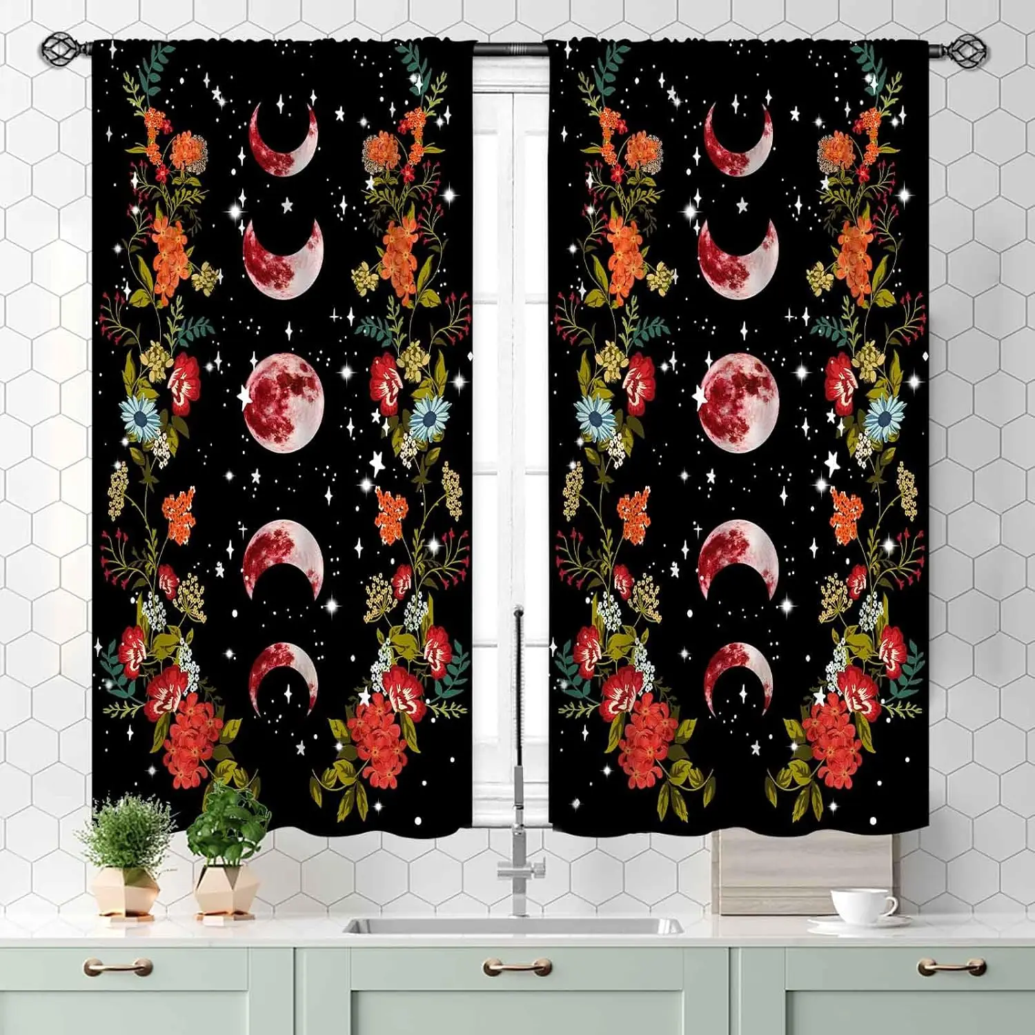Moon Phase Kitchen Curtains, Boho Gothic Witchy Botanical Wildflower Vintage Spring Floral Leaves Celestial Moonlit Aesthetic