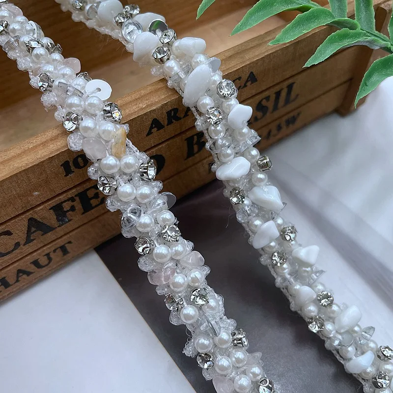 10Yards DIY Hand-stitched Pearl Rhinestone Beads Embroidered Lace Ribbon Wedding Dress Skirts Collar Neckline Sewing Appliques
