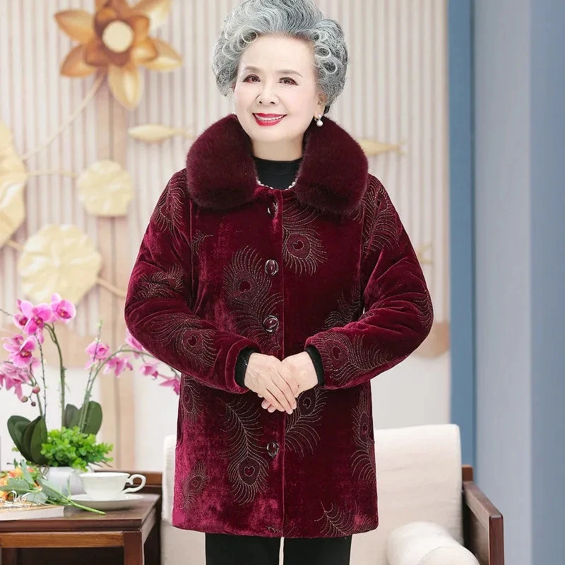 Grandma Wear Cotton-Padded Coat Middle-Aged Elderly Mother Winter Clothes Women Parkas Thick Warm Velvet Quilted Jacket Outwear