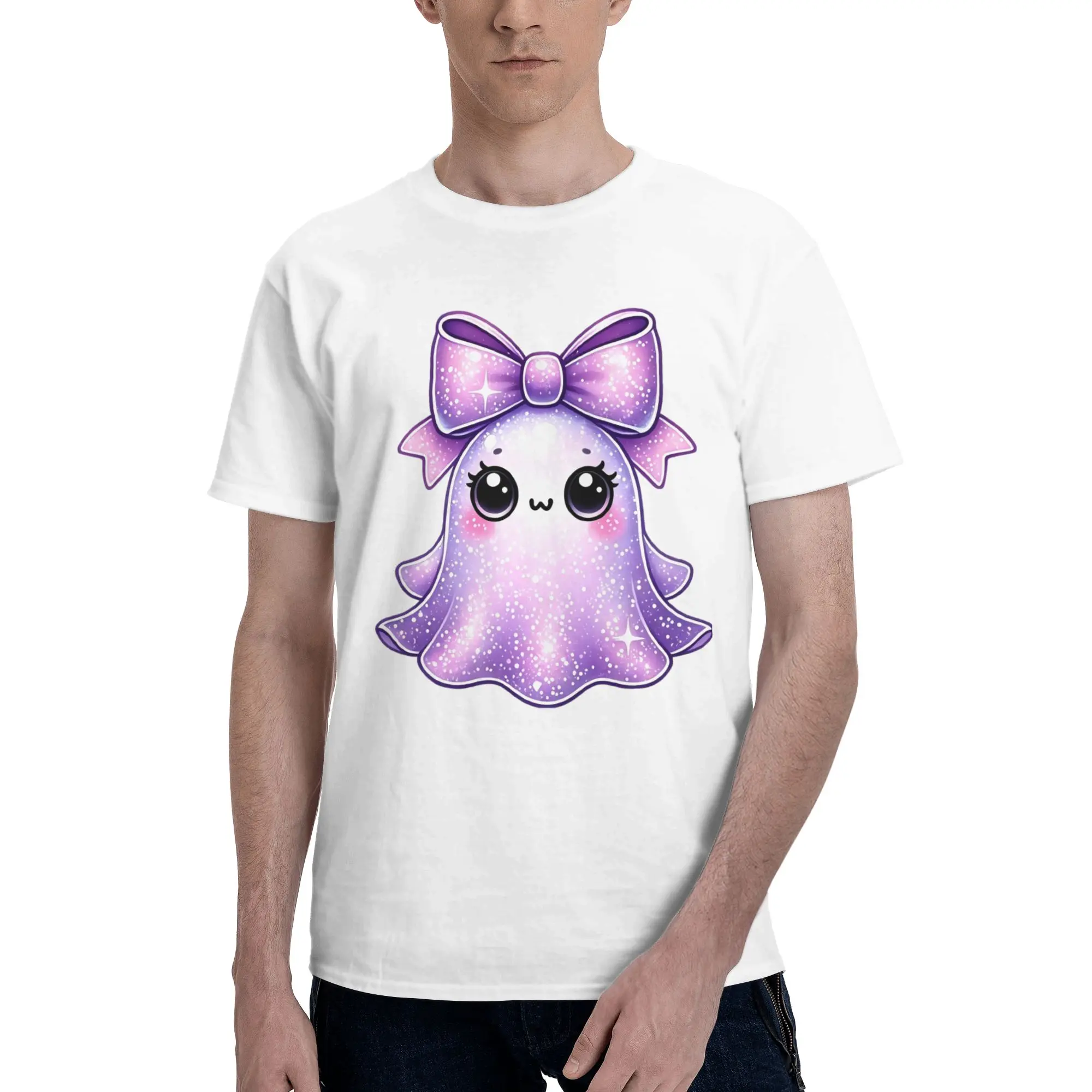 Purple Glitter Ghost Halloween Art Men's T Shirts  Awesome Tees Short Sleeve Crewneck Cotton Birthday Gift Tops T-Shirt