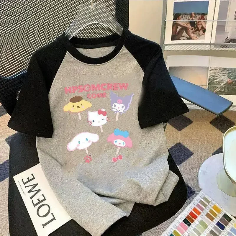 

Детская футболка «Hello Kitty Kuromi» с короткими рукавами Kawaii Sanrio, новая летняя футболка с рисунком аниме, модная, приятная для кожи, мягкая