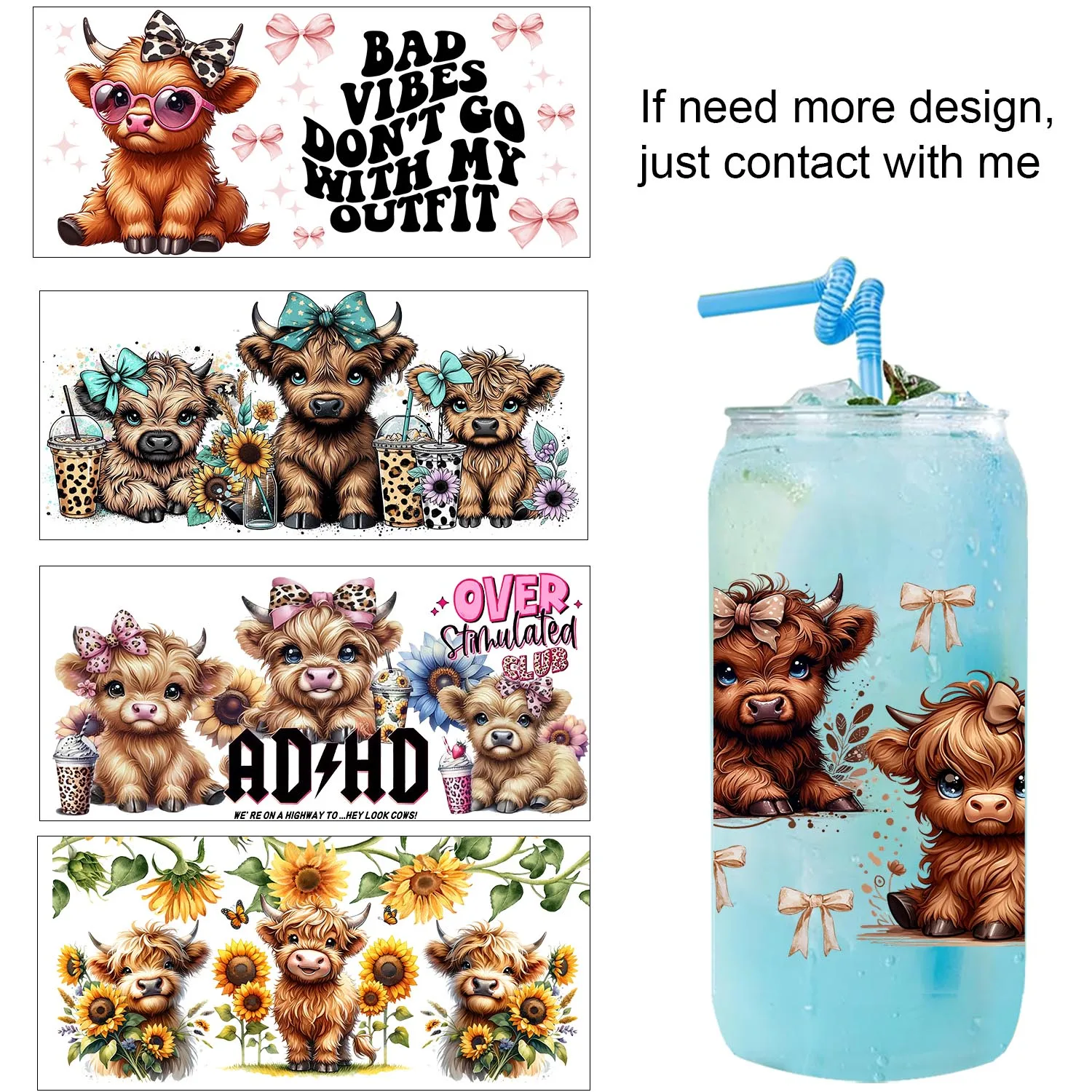 

Cute Highland cattle series easy peel waterproof Party DIY Decals 3D transfers uvdtf tumbler seal stickers 16oz uv dtf cup wraps