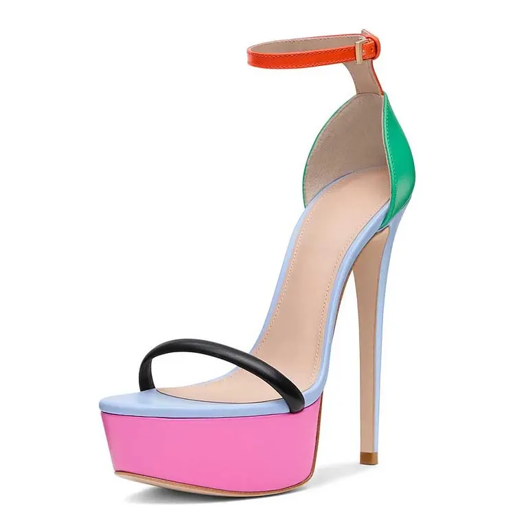 

Multi Color Open Toe Stiletto Heel Platform Sandals with Ankle Strap