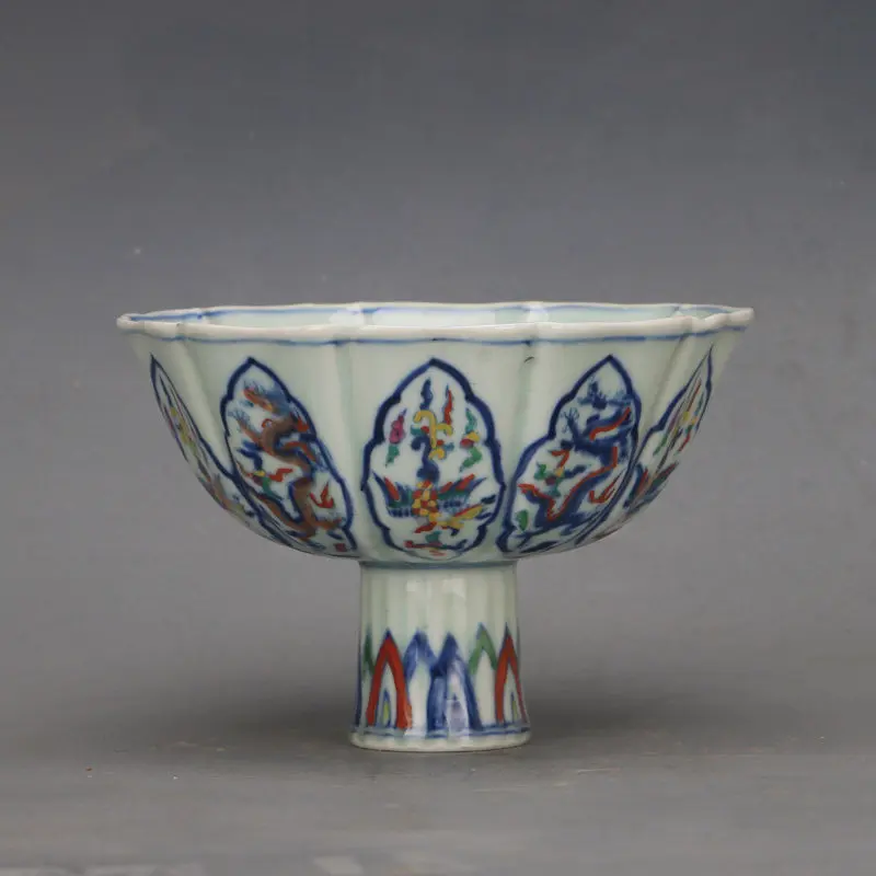 Ming Dynasty Xuande Mark Style Floral Dragon Phoenix Wucai High Foot Fruit Plate Replica Porcelain Home Decor