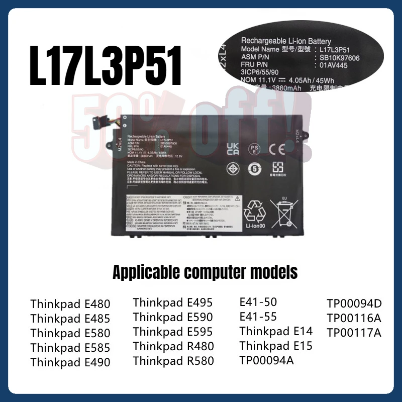 

11.1V 45WH L17L3P51 L17C3P51 Battery for Lenovo ThinkPad E480 E490 E590 E580 E595 Series