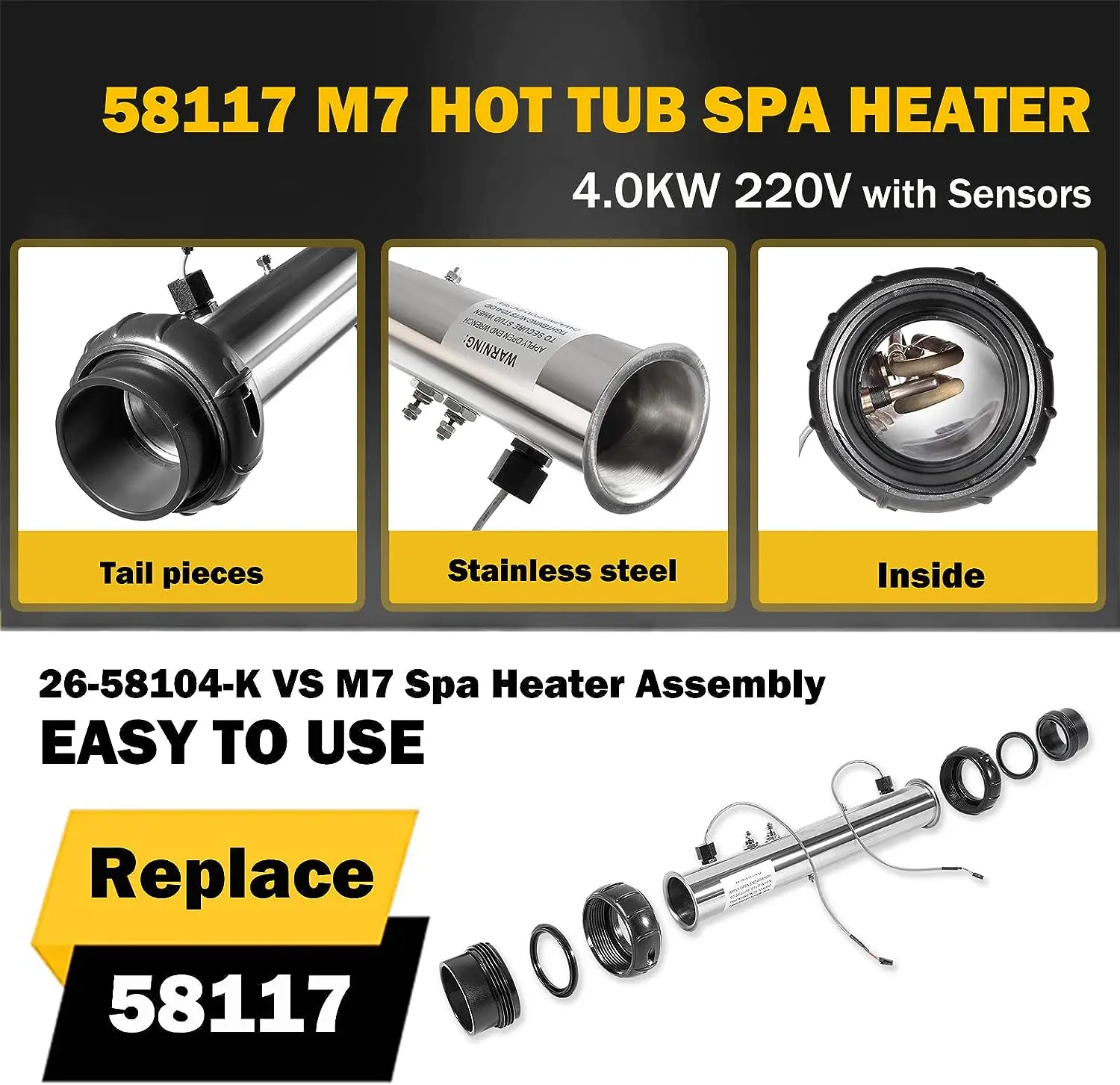 TML Replace Part for Balboa 58117 M7 Hot Tub Spa Heater Element Assembly w/Sensors 4.0kW @ 240V / 1.0kW @ 120V