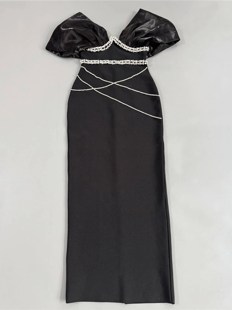 VC Retro Cocktail Party Charm Abito da sera aderente con maniche a sbuffo in raso nero con accenti di cristalli Abito lungo da gala