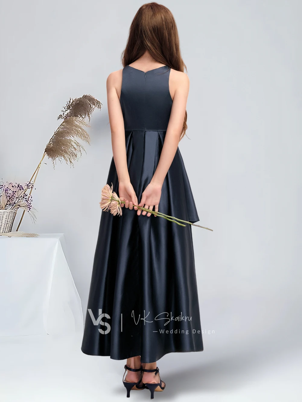 A-line Scoop Asymmetrical Satin Junior Bridesmaid Dress With Cascading Ruffles Elegant Dark Navy Flower Girl Dress for Wedding