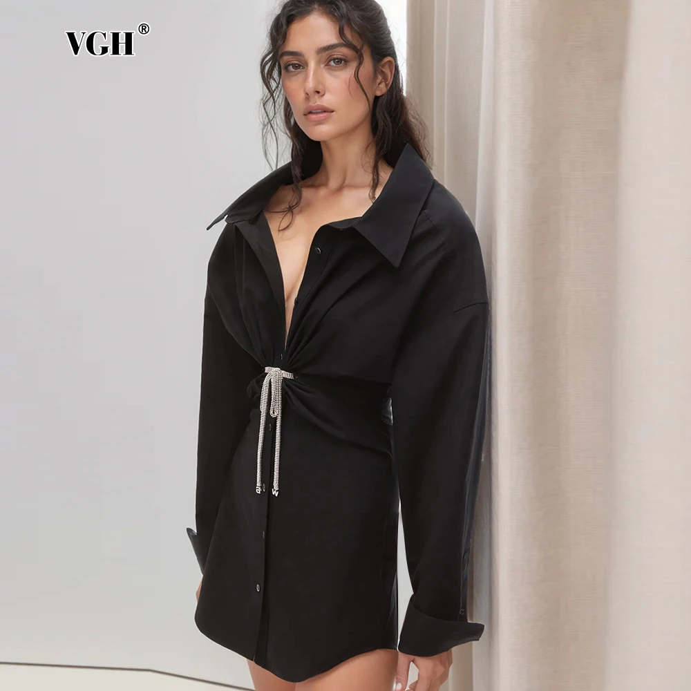 

VGH Patchwork Chains Sexy Dresses For Women Lapel Long Sleeve High Waist Spliced Folds Slimming Mini Dress Female Fashion New