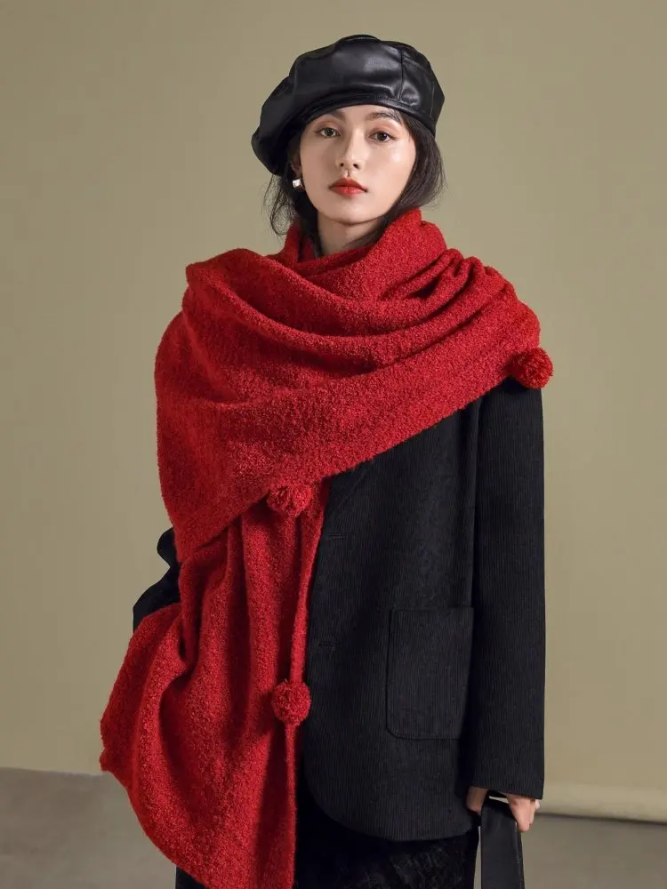 2026年新作-レッドフック付き-大きめ-ソフトファー-ショールスカーフ-レディース-温かいアウターウェア-ネックウォーマー-冬ファッション-韓国風-無地