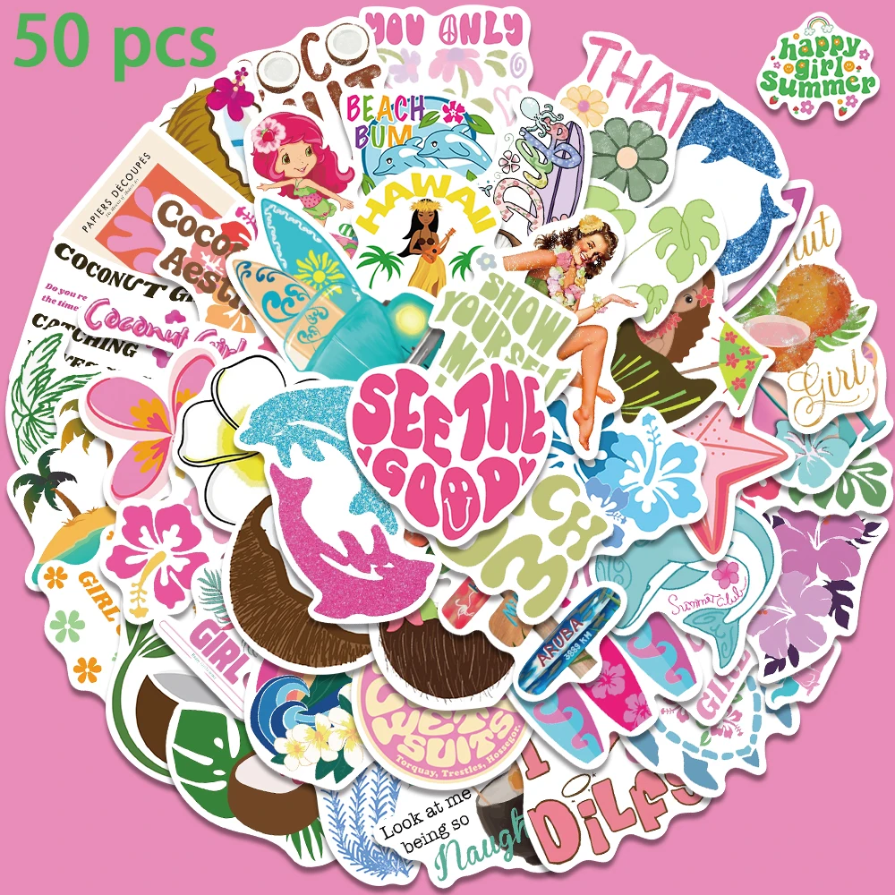 50pcs Pink Coconut Girl Stickers Aesthetic Graffiti Decals For Kids Laptop Luggage Skateboard Scrapbook Diary Sticker