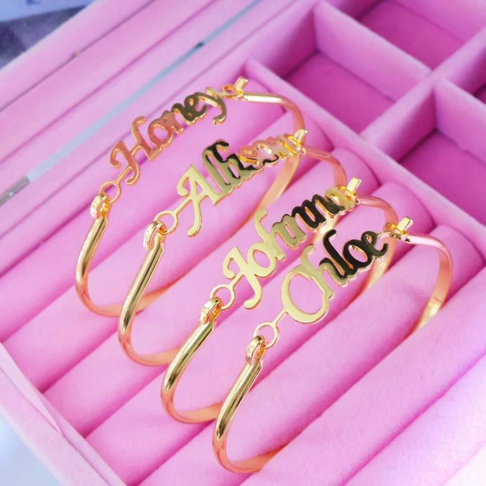 Custom Name Bangles For Women Men Jewelry Stainless Steel Personalized Nameplate Closed Bangles For Her Best Gifts