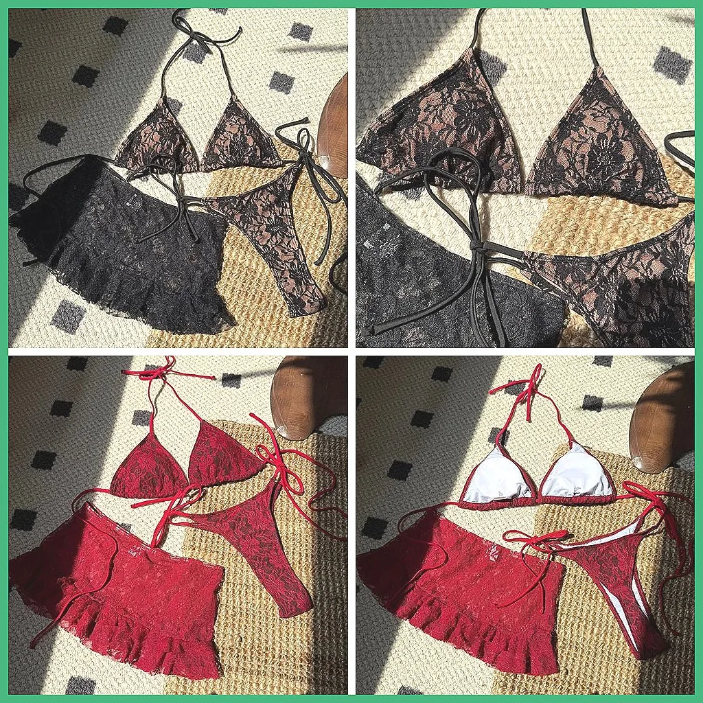 

Sexy Lace Brazilian Bikini Set for Women, 3-Piece Swimsuit Beachwear & Pool Bathing Suit