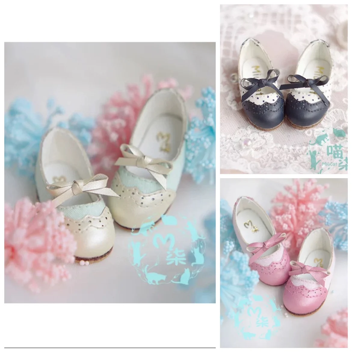 BJD Doll Shoes Doll Pink Green Black-Blue Bow Polka Dot Small Leather Shoes For 1/6 BJD YOSD Doll Accessories