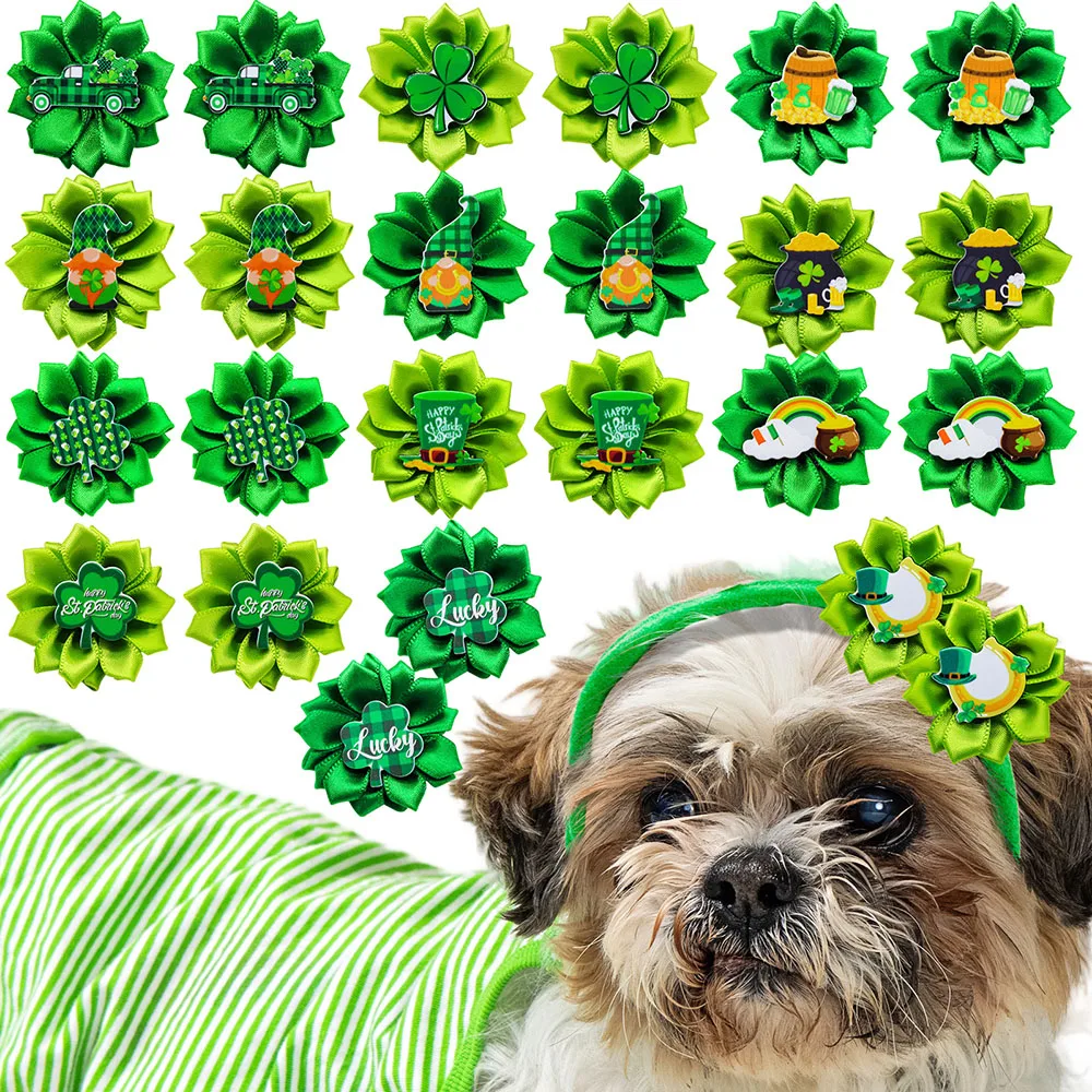 20PCS Flower Pet Dog Bows Puppy Cat Saint Patrick's Day Green Bows with Rubber Bands Fashion Dog Bowknot Dog Hair Accessories