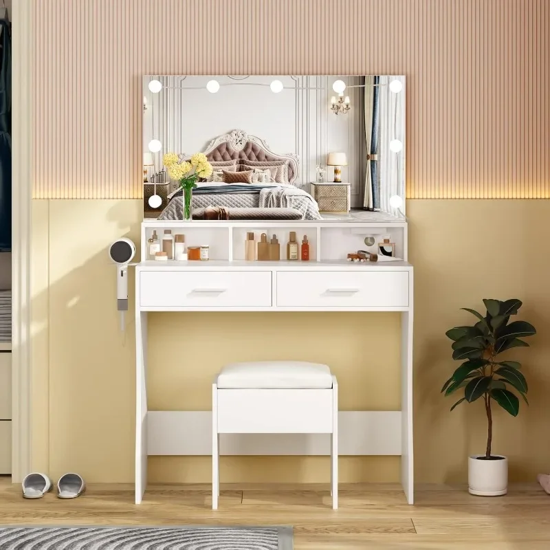 Makeup Vanity with Lighted Mirror & Power Outlet, White Vanity Set Vanity Desk, Clearance Makeup  3 Lighting Colors