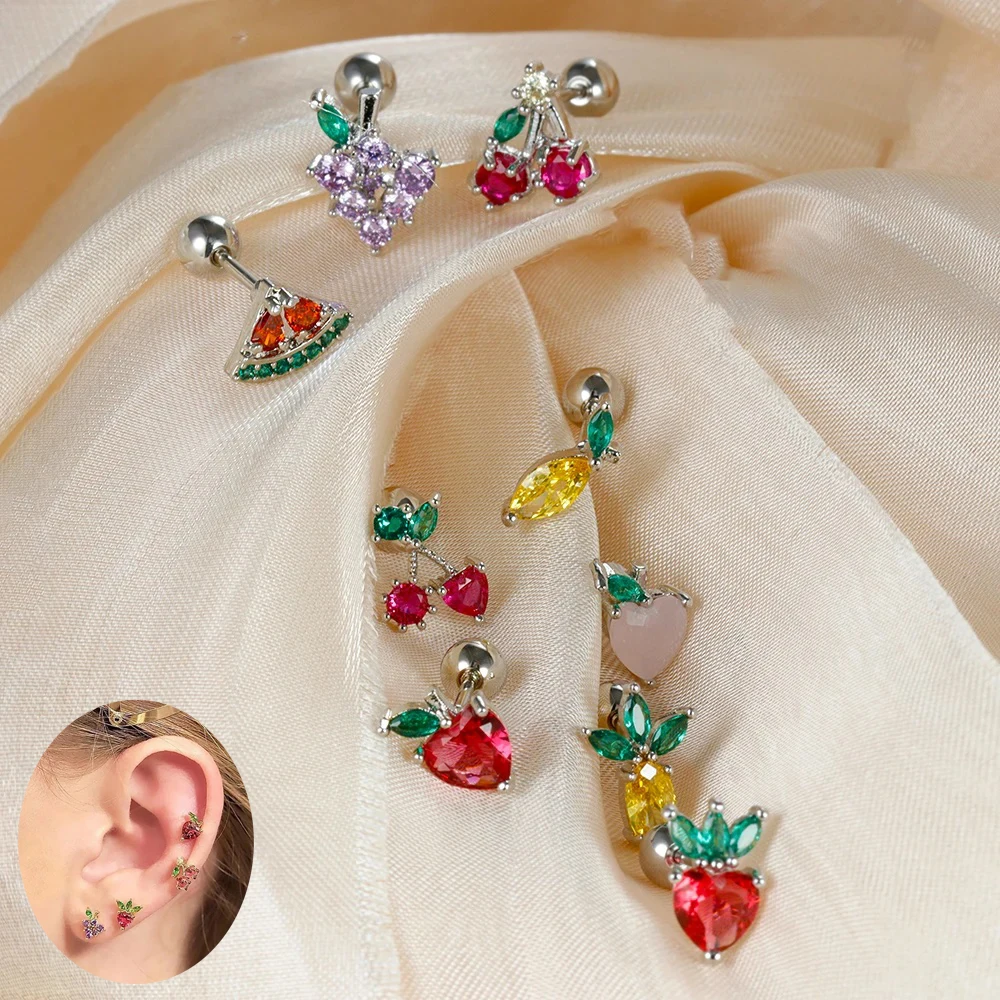 1PC Stainless Steel Crystal Fruit Stud Earrings for Women Small Cute Cherry Grape Tragus Helix Cartilage Piercing Jewelry