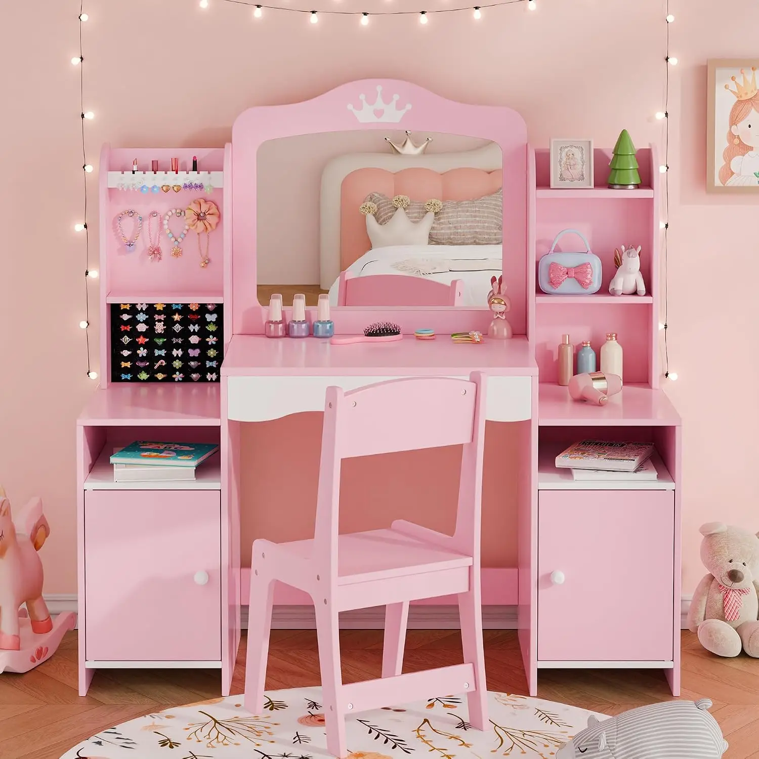 Kids Vanity, Girl Vanity Set with Mirror and Stool, 2 in 1 Toddler Makeup Vanity Table with Jewelry Storage, Wooden, Custom