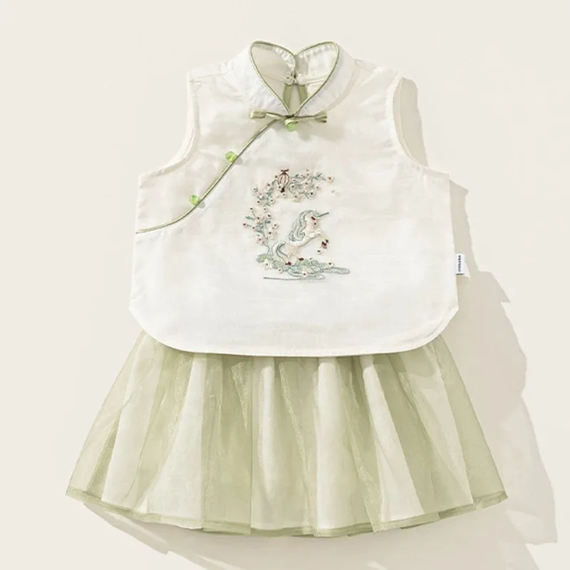 2Piece 2026 Summer Toddler Girl Clothes Chinese Style Embroidery Sleeveless Cotton Baby Tops+Skirt Kids' Sets And Outfits B281