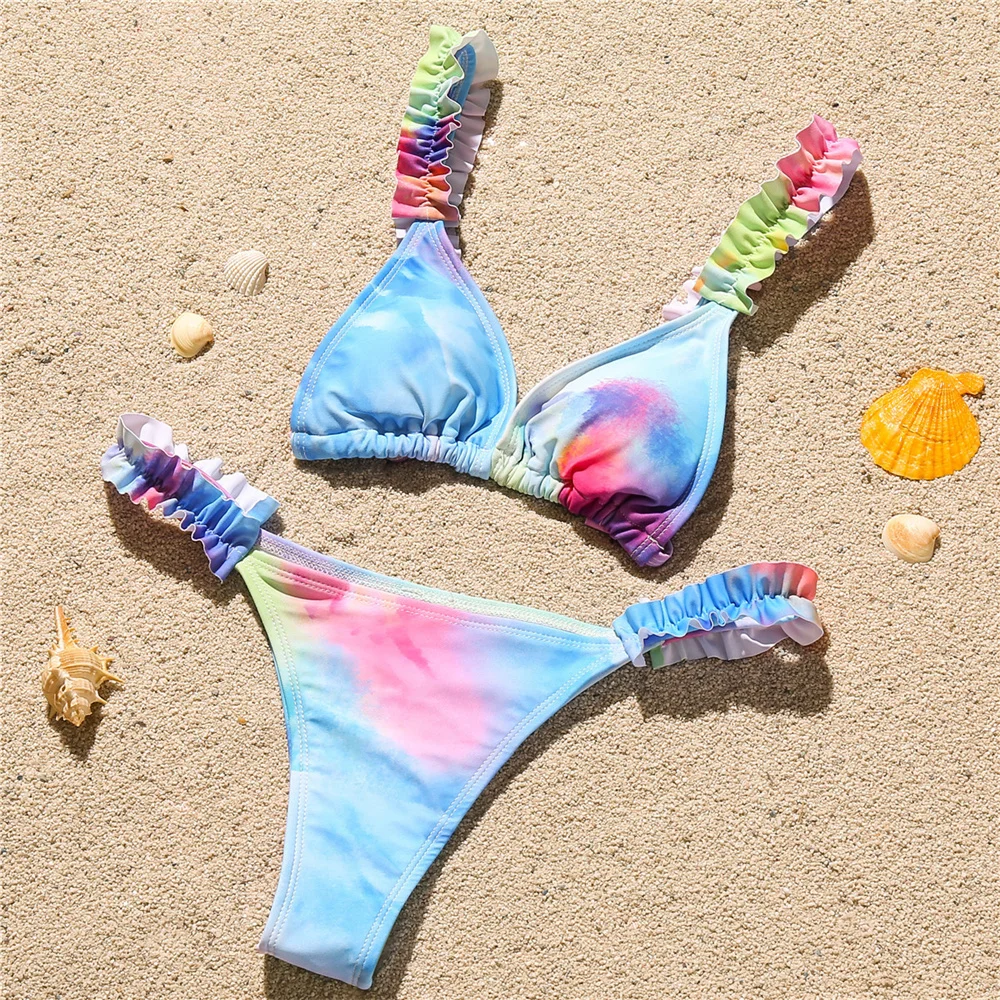 Ruffles Straps Bikini Y2K Cute Swimwear Micro String Swimsuit Women Extreme Backless BeachWear Triangle Bikinis Tangas Bath Suit