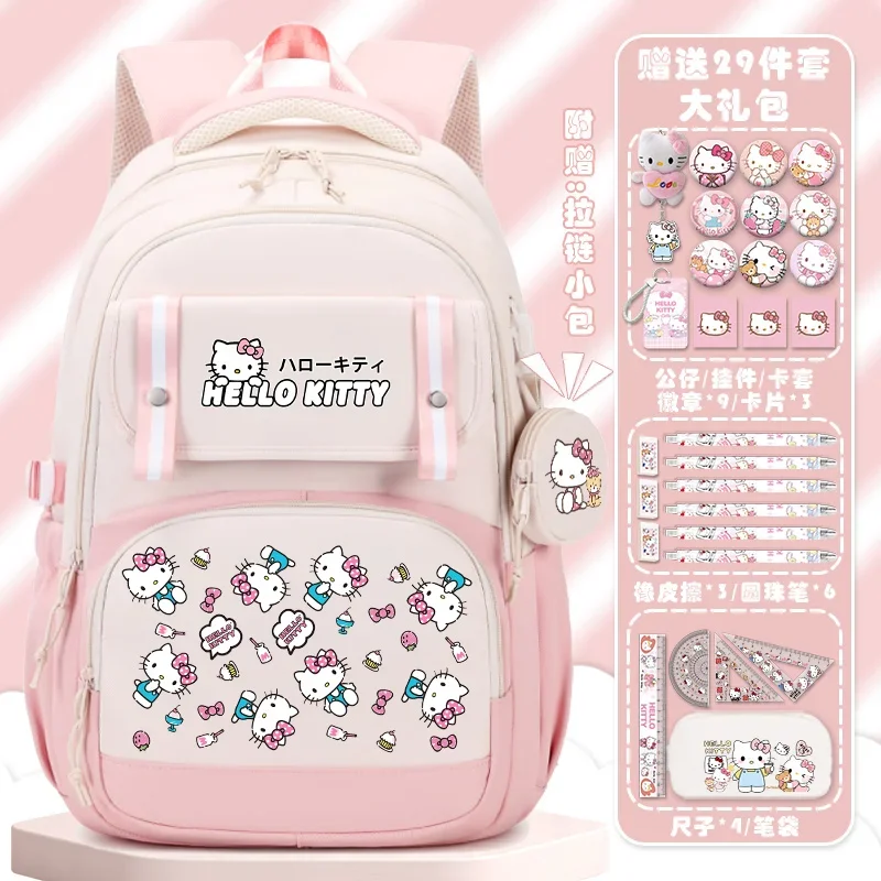 Sanurgente-Cartable étudiant Hello Kitty, grande capacité, dessin animé pour enfants, sac à dos léger avec protection de la colonne vertébrale, nouveau