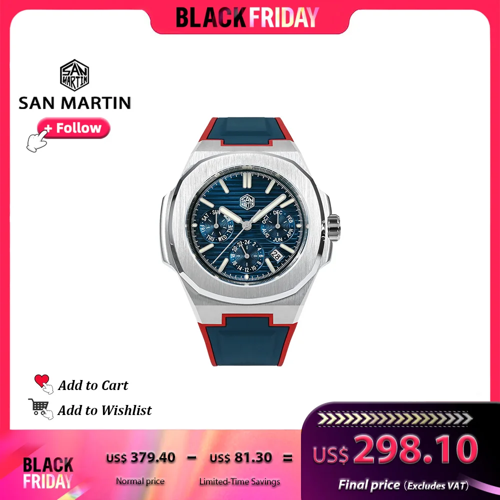 San Martin New Men Watch Original Design Multifunction Business Casual Rubber Strap Automatic Mechanical Watches for Mans Brand