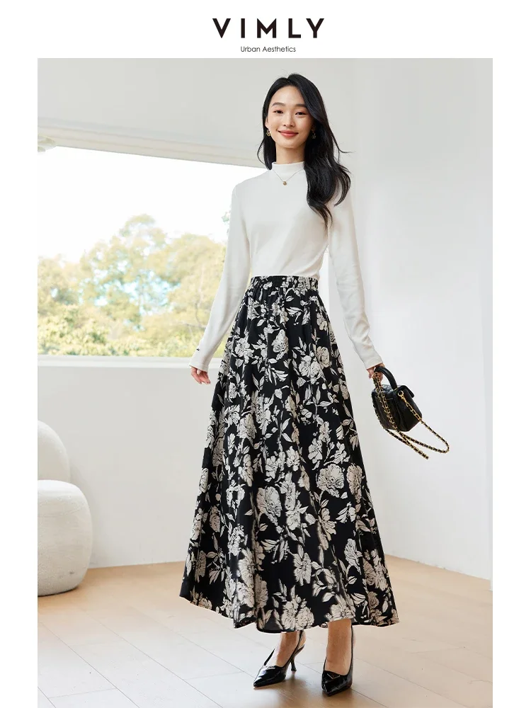 VIMLY Women's Urban Simple Floral Printed Elegant Skirts Autumn Female Elastic High Waist Holiday Style Office Lady A-Line Skirt