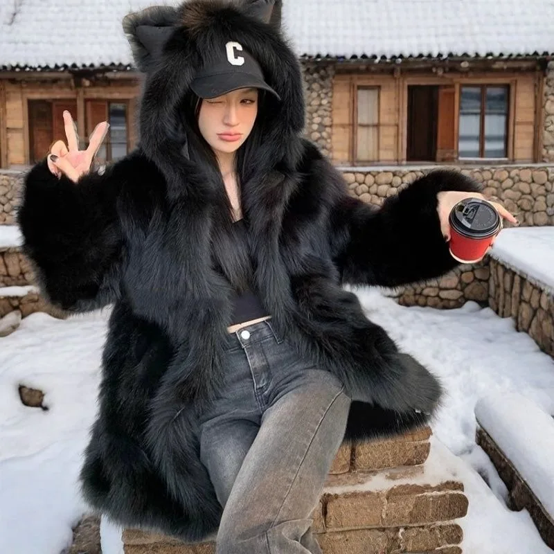 Women's Coat 2025 Autumn/Winter New Fox Fur Grass Coat Women Hoodie Cute Cat Ears Imitation Loose Solid Color Fur Coat Thickened