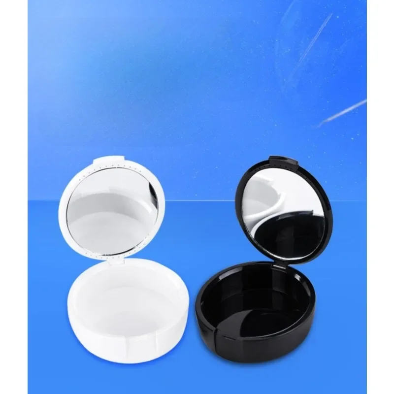 Compact Oval Tooth Storage Box with Mirror for Dentures Featuring A Black and White Design Portable Orthodontic Retainer Case