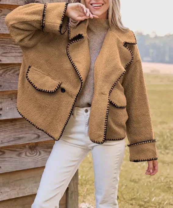 

2026 Elegant New Coat Autumn and Winter Collection with A Large Collar Pocket and Loose Casual Lambhair Jacket for Women