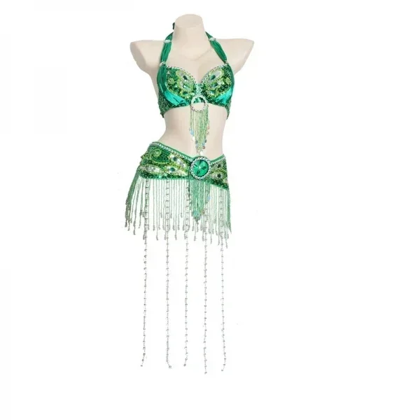 Vente en gros 12 couleurs danse du ventre paon soutien-gorge costume sexy gland perles soutien-gorge et ceinture ensemble pour femmes danse du ventre performance vêtements