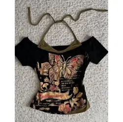 Y2k Off Shoulder Sexy Tshirt Laceup Woman Clothing Goth Crop Top Streetwear Butterfly Print Harajuku Short Sleeve 2000s Hot Girl