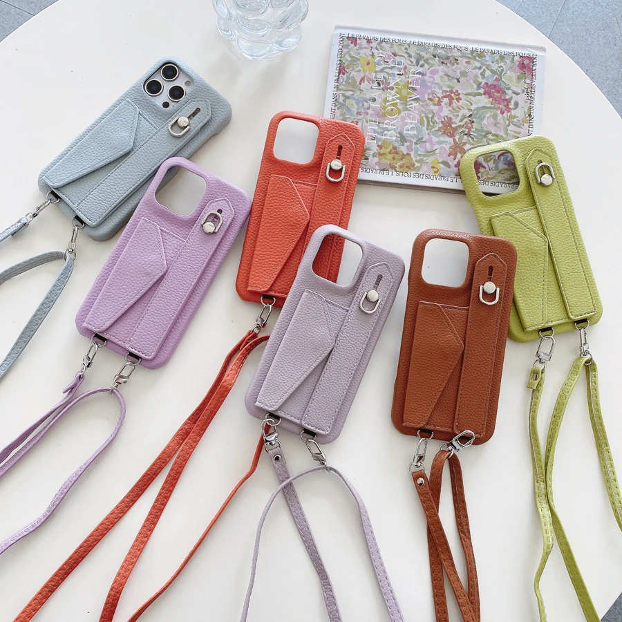 

Чехол для телефона через плечо с ремешком на запястье для iPhone 17, Air 16, 15, 14, 13, 12, 11 Pro Max X Xs Xr 8 7 Plus, кожаный защитный чехол с карманом для карт