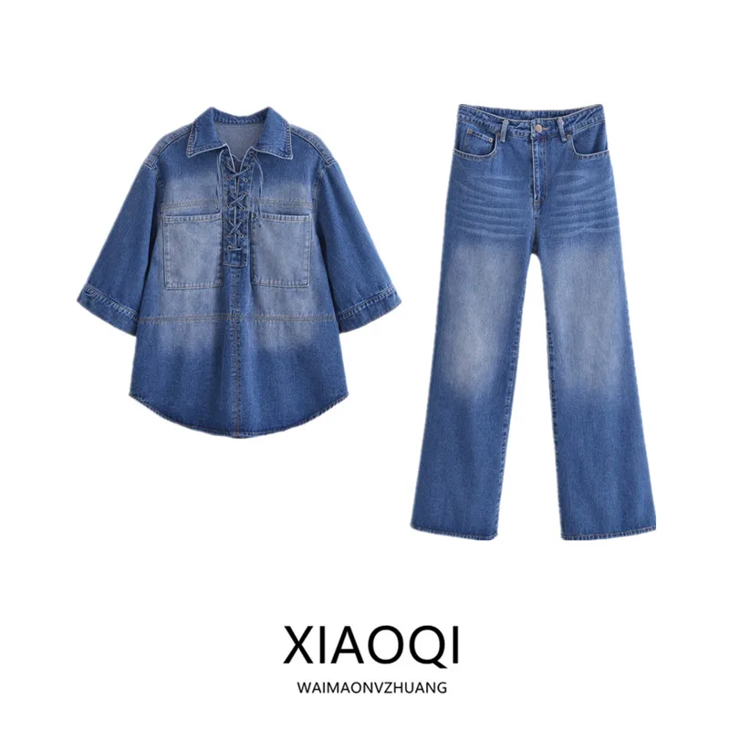 

Spring 2025 Cotton Denim V-Ne f Open Cardigan with Belt Tie Overhead Sle Women's Faion Top for Ages 25-35
