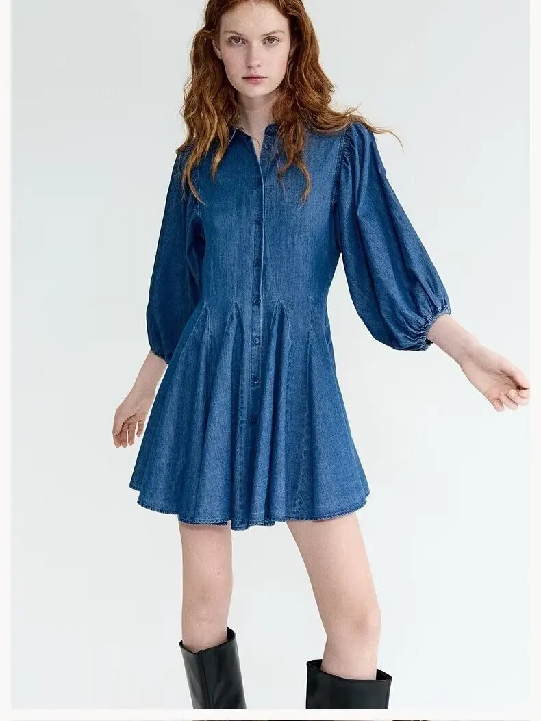

Spring New Arrival Women's Dress Academy Style Button Decorated Bubble Sleeve Flared Skirt Dress Young Fashionable Casual