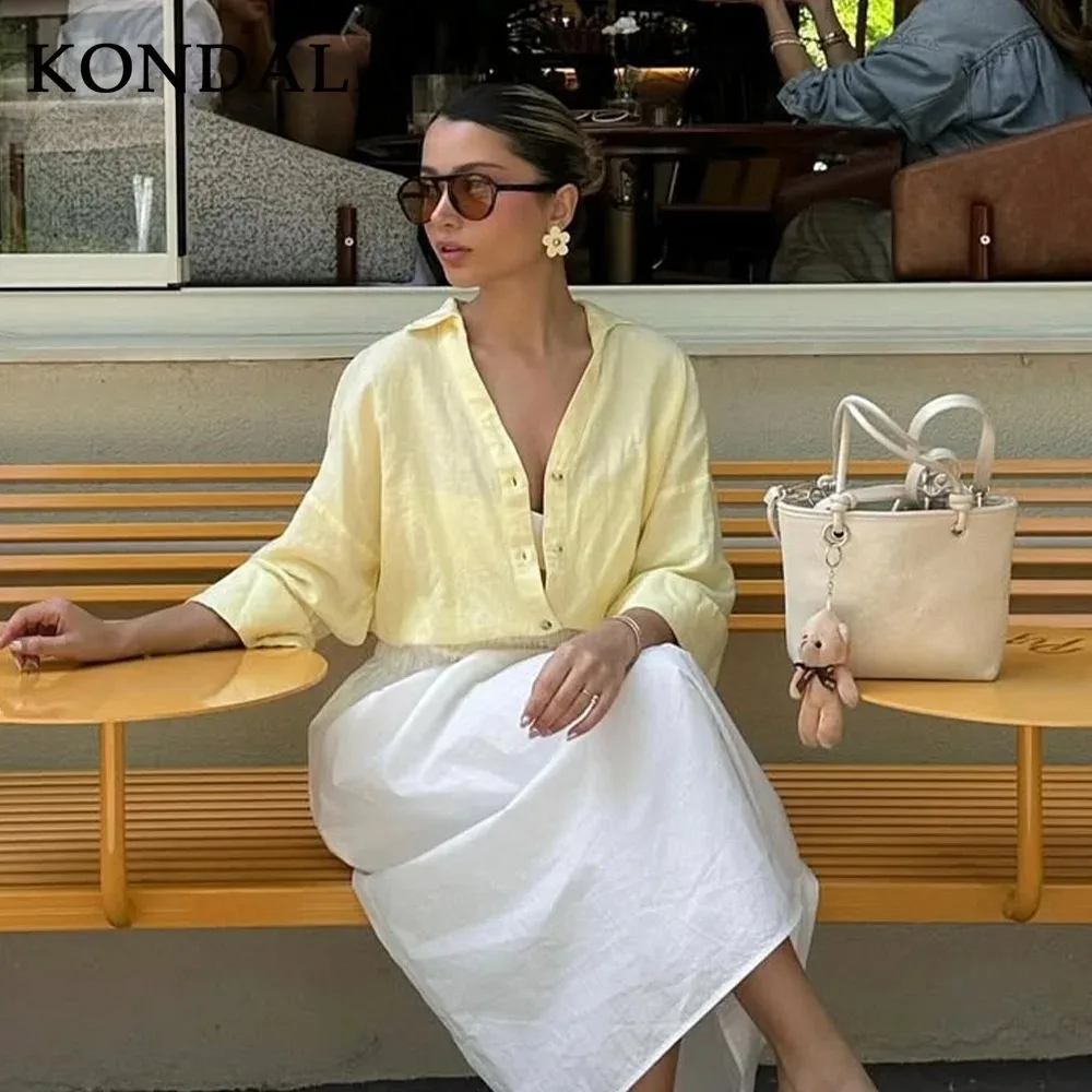 KONDALA2025 automne hiver décontracté mince femmes chemises mode beurre jaune solide ample simple boutonnage Chic élégant dames Cardigans
