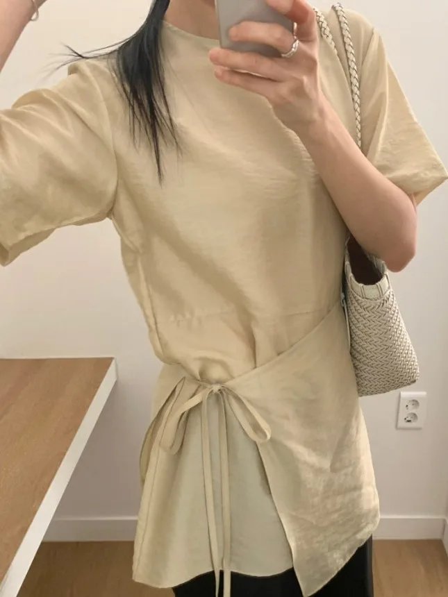 

Корейский Sle ort Sve irt, женский летний новый утягивающий топ с высокой талией, модный свободный крой, круглый, Ne