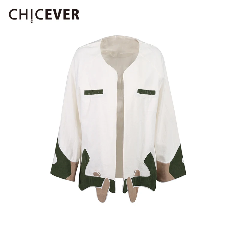 

CHICEVER White Spliced Printing Korean Trench Female O Neck Long Sleeve Loose Casual Basics Women's Trenchs Autumn Fashion New
