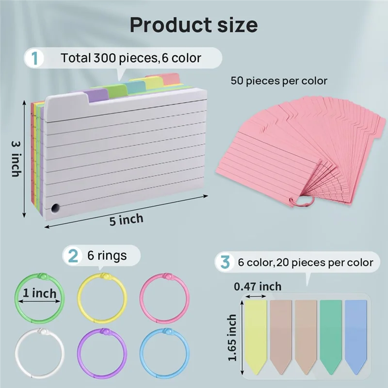 300 Pack Index Cards, 3Inch X 5Inch Ruled Index Cards With Ring, Colored Lined Flash Cards, Both Sides Note Cards