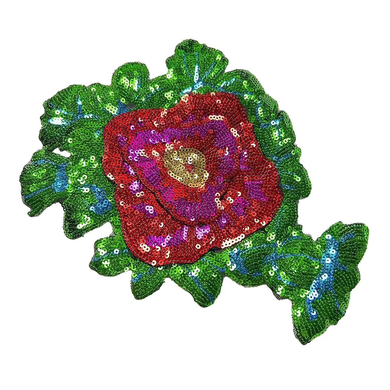 1 x mehrschichtiger roter Blumen-Patch mit grünen Blättern und Pailletten, Vintage-Aufnäher zum Aufbügeln für Kleidertaschen, DIY-Mode, dekoratives Zubehör